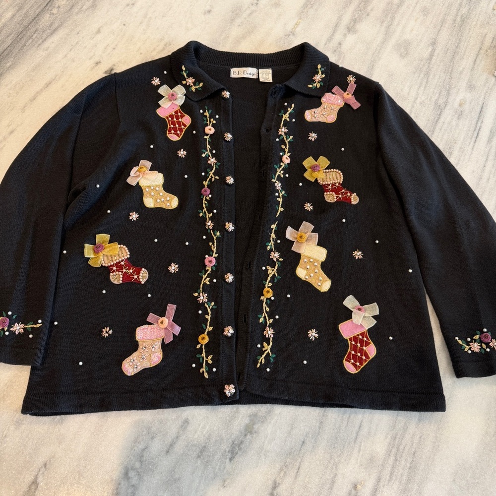 Vintage BP‎ Design Christmas Holiday Cardigan Black Beaded Embroidered XXL